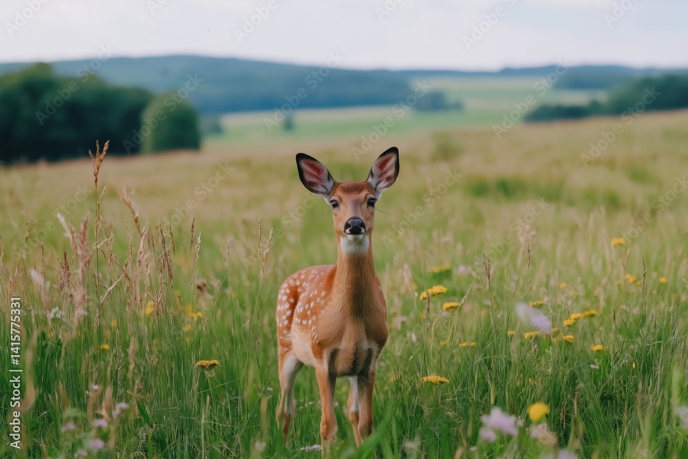 A deer is standing in a field of grass and flowers. The deer is brown and white and is looking to the right. The field is full of grass and flowers, creating a peaceful and serene atmosphere A deer is standing in a field of grass and flowers. The deer is brown and white and is looking to the right. The field is full of grass and flowers, creating a peaceful and serene atmosphere
