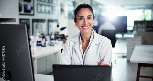 Εκτύπωση καμβά Computer, scientist and portrait with woman in laboratory for healthcare, medical research or arms crossed