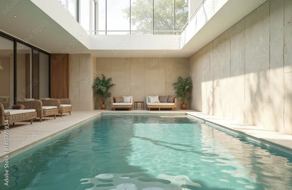 Fototapeta premium Indoor pool with relaxation area. Wicker lounge chairs, sofa, rich green plants. Bright sunny daylight, calm water. Modern luxury resort, spa, hotel, tropical vacation, travel, holiday.