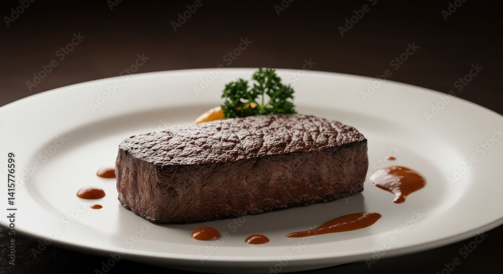 Steak on white plate with garnish and sauce against dark background. Steak on white plate with garnish and sauce against dark background.