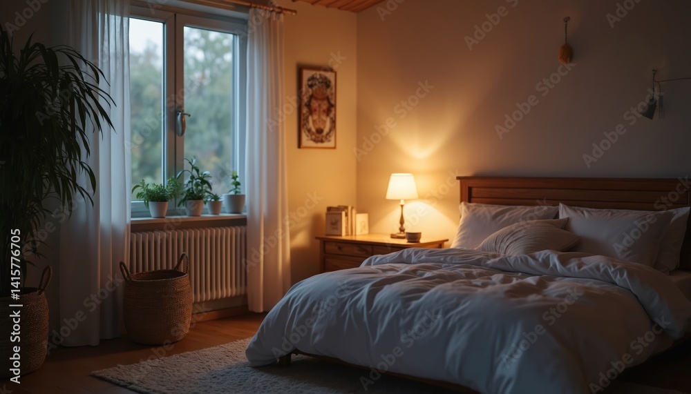 Fototapeta premium Cozy bedroom interior with warm, dim lighting. Wooden bed, bedside table, lamp, woven basket create relaxing atmosphere. Plants on window add natural element. Soft blanket on bed. Decorative frame on