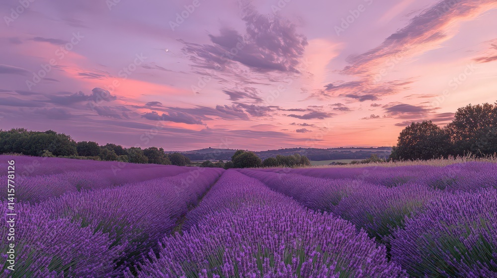 Obraz premium Vibrant lavender fields under a pink sky create a serene landscape. Explore the beauty of nature in this stunning twilight scene.