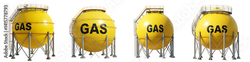 Four yellow gas storage tanks with metal support structures on a Transparent Background