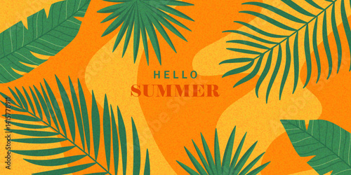 Summer horizontal background with bright abstract tropical leaves. Modern art minimalist style design template for sales, horizontal poster, header, cover, social media