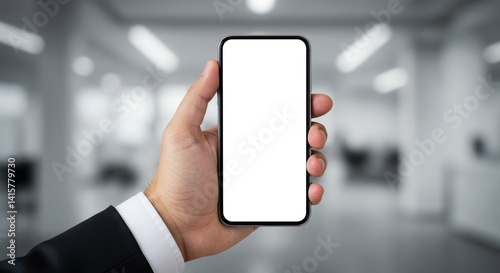 Hand holding a smartphone with a blank white screen in an office.