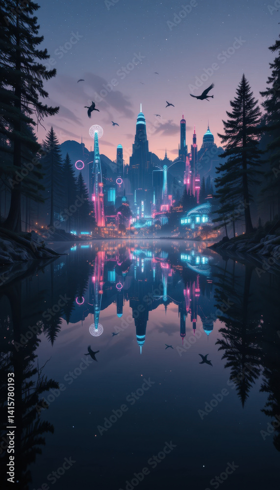 Fototapeta premium Futuristic Cityscape Reflecting in Calm Water at Twilight