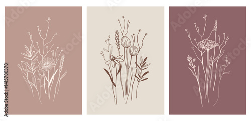 Botanical Posters set of hand drawn Wild field herbs, flowers, one line art Drawing Modern design for jewelry, tattoo, logo, packaging, organic cosmetic, nature Vintage theme, rustic print earth tone 