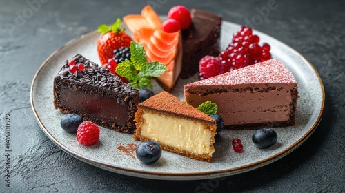 Assorted dessert plate featuring multiple slices of cakes and cheesecakes.