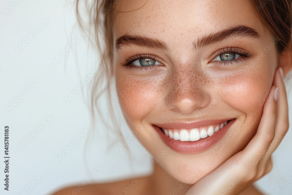 Naklejka premium Young woman with freckles and striking green eyes smiles warmly, showcasing natural beauty in a soft, neutral background, capturing joy and confidence in a candid moment