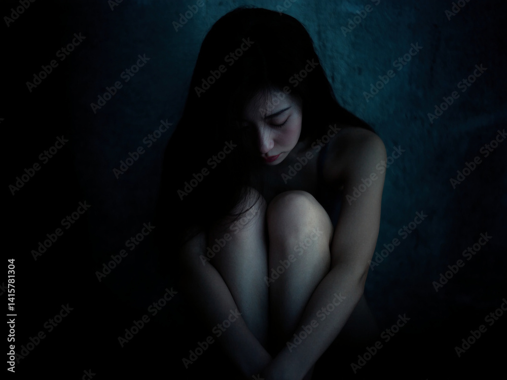 Obraz premium A young woman sits alone in a dark, shadowy corner with her arms wrapped around her knees, reflecting deep emotional pain, loneliness, and vulnerability in silence.