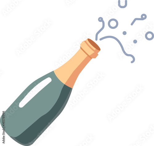 Popping Champagne Bottle Celebration Flat Vector Icon with Flying Cork and Fizzy Bubbles Perfect for Party and Holiday Designs