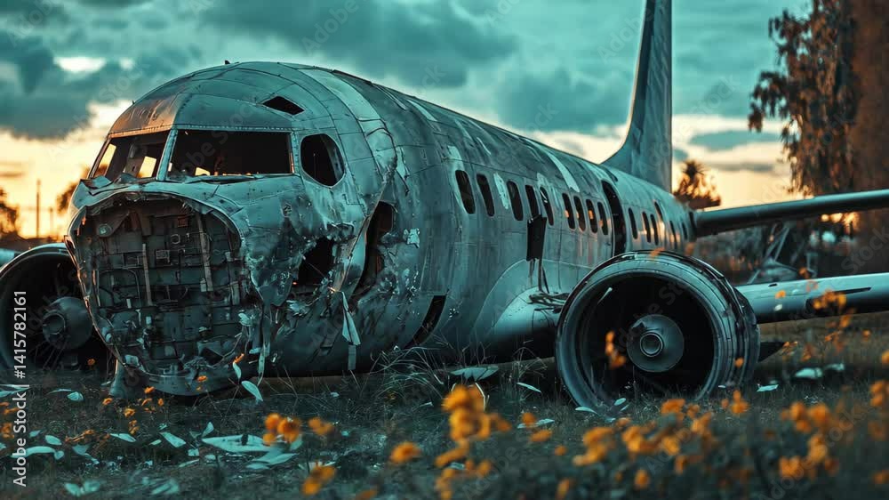 custom made wallpaper toronto digitalTorn up airplane in graveyard with sunset background capturing a desolate yet striking atmosphere, Torn up airplane in graveyard high, wide shot