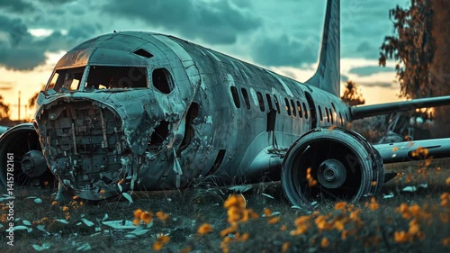 Wallpaper Mural Torn up airplane in graveyard with sunset background capturing a desolate yet striking atmosphere, Torn up airplane in graveyard high, wide shot Torontodigital.ca