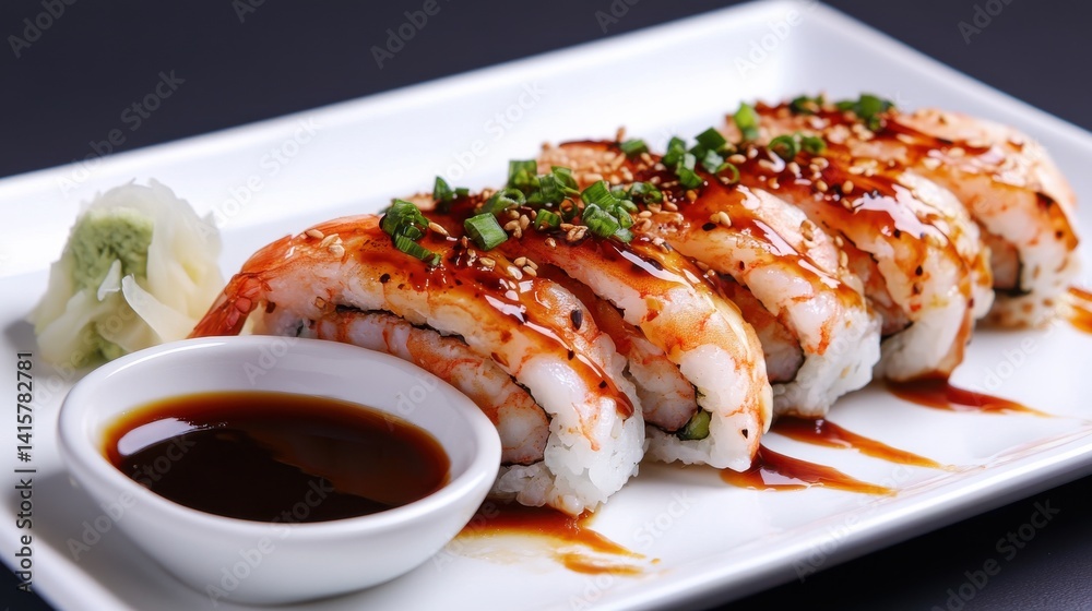Shrimp Nigiri Sushi with Dipping Sauce Shrimp Nigiri Sushi with Dipping Sauce