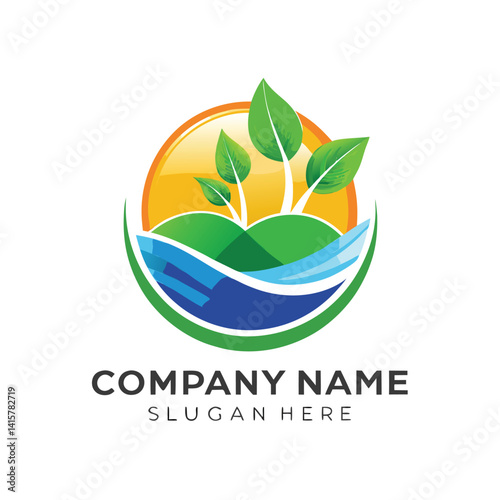 Eco-friendly logo design with sun, leaves, and water