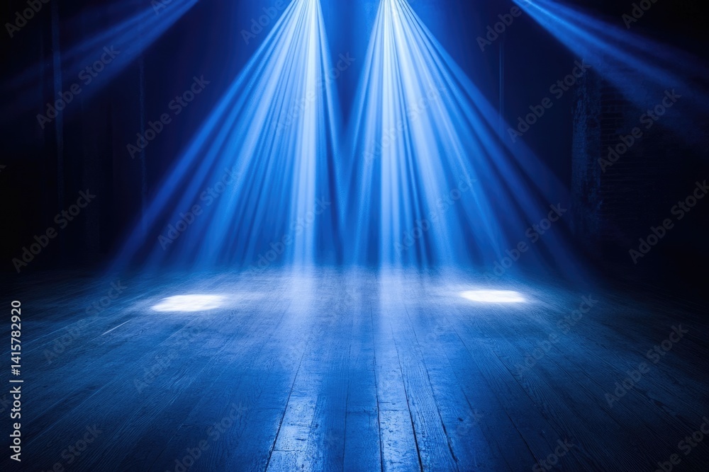 Obraz premium Two blue spotlights illuminate a dark wooden floor, creating a dramatic and mysterious atmosphere.