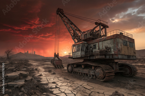 Abandoned Excavator in Desert Sunset