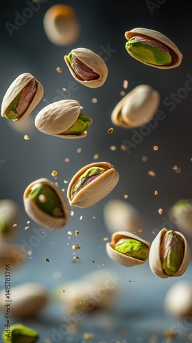 Obraz na płótnie studio-style photo of shelled and unshelled pistachios floating separately in mid-air, natural beige shells and vibrant green nuts, clean soft background w salonie
