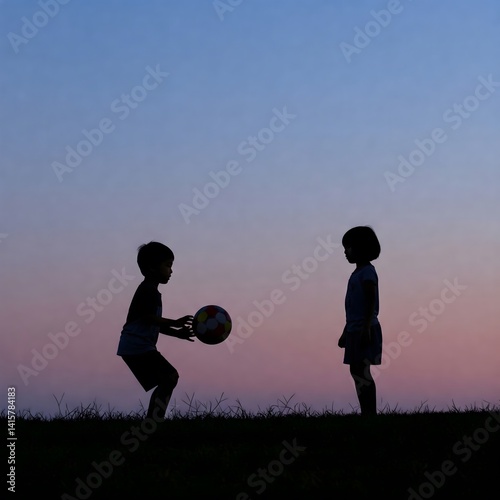 Two silhouetted children, one kicking a colorful ball, stand on a field at dusk with a purple-blue sky.