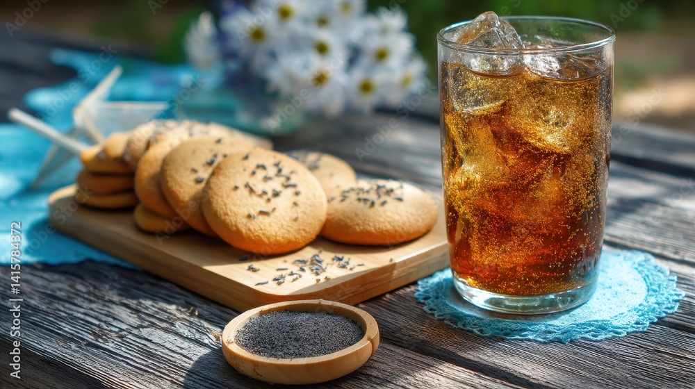 Handmade cookies accompanied by a refreshing glass of iced tea Handmade cookies accompanied by a refreshing glass of iced tea