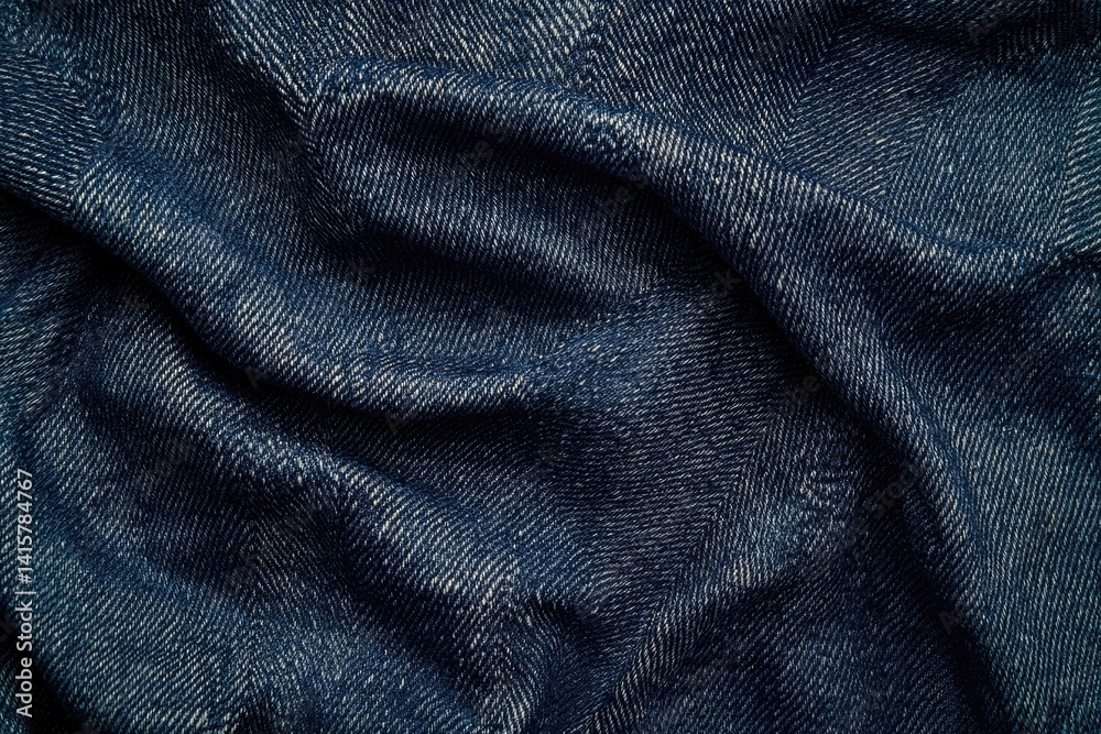 Obraz premium Close-up of textured dark blue denim fabric with wrinkles and folds showing the weave detail.