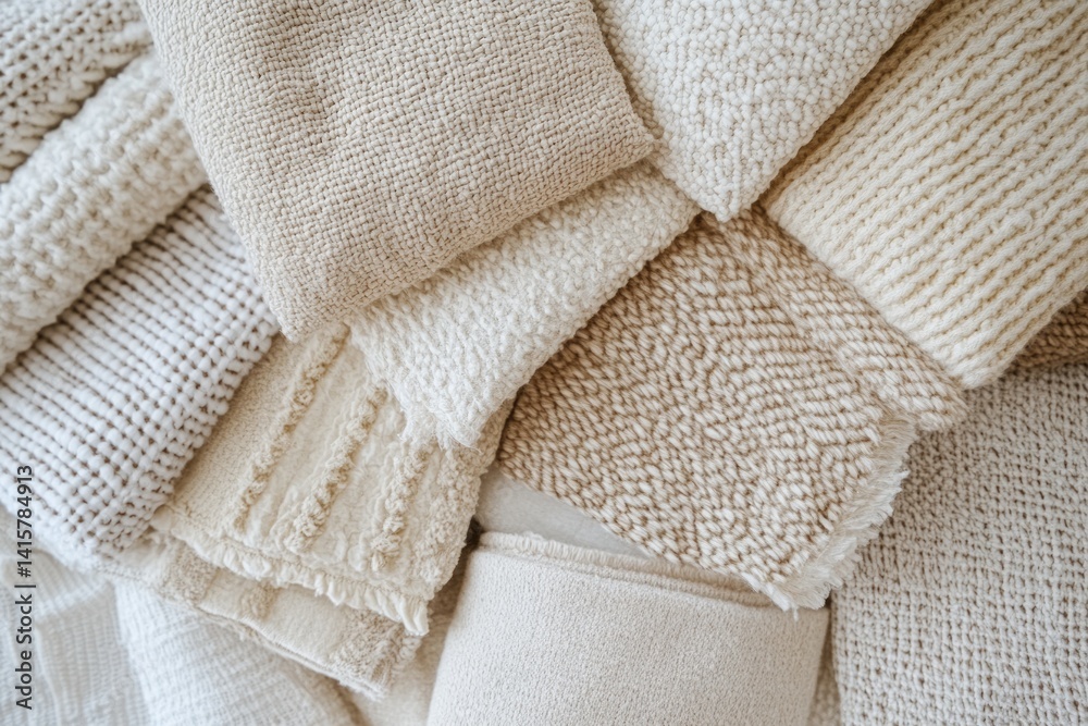A collection of cozy, textured neutral-toned blankets and throws, perfect for a relaxing winter. A collection of cozy, textured neutral-toned blankets and throws, perfect for a relaxing winter.