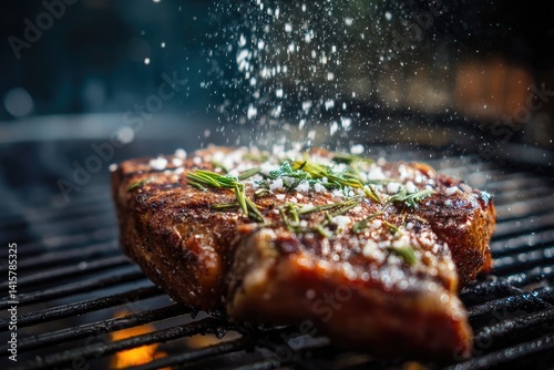 Dynamic action shot of a T-bone steak on the grill, with a focus on sizzling juices, herbs being added, and a sprinkle of sea salt enhancing the aesthetics