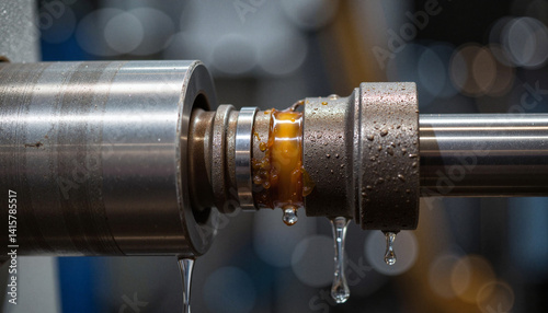 Hydraulic piston with oil droplets in bright technical lighting, machinery concept