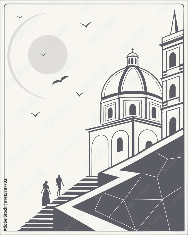 Fototapeta premium Elegant Minimalist Architecture Couple Ascending Steps towards a Dome Church under a Calm Sun