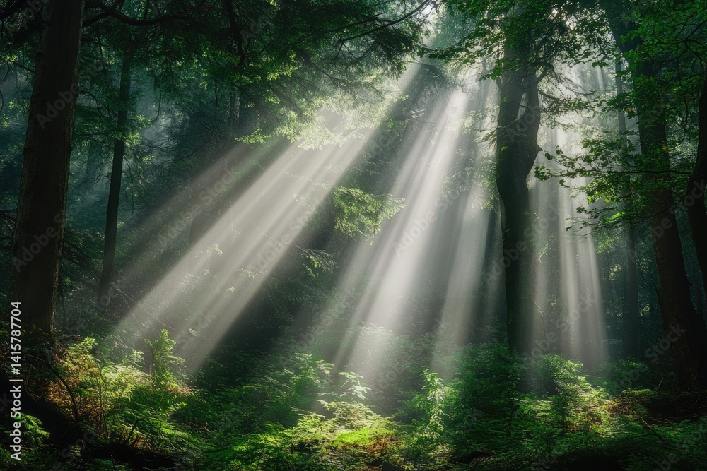 Obraz premium Sunbeams pierce a misty forest, illuminating lush green foliage and ancient trees.