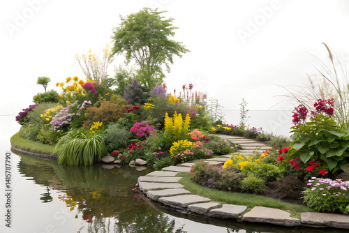 Colorful Garden Landscape with Water Path