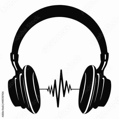 Headphones with soundwave icon in black silhouette