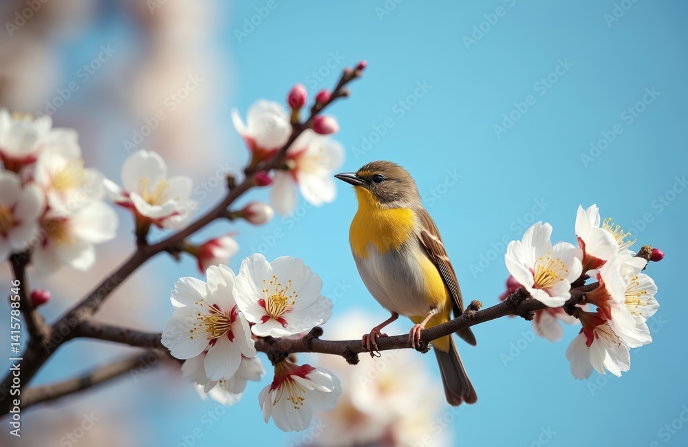 Common chiffchaff bird perched on blossoming fruit tree branch against blue sky. Spring nature scene of wild small bird with yellow, white, grey feathers. Ornithology, wildlife concept. Common chiffchaff bird perched on blossoming fruit tree branch against blue sky. Spring nature scene of wild small bird with yellow, white, grey feathers. Ornithology, wildlife concept.