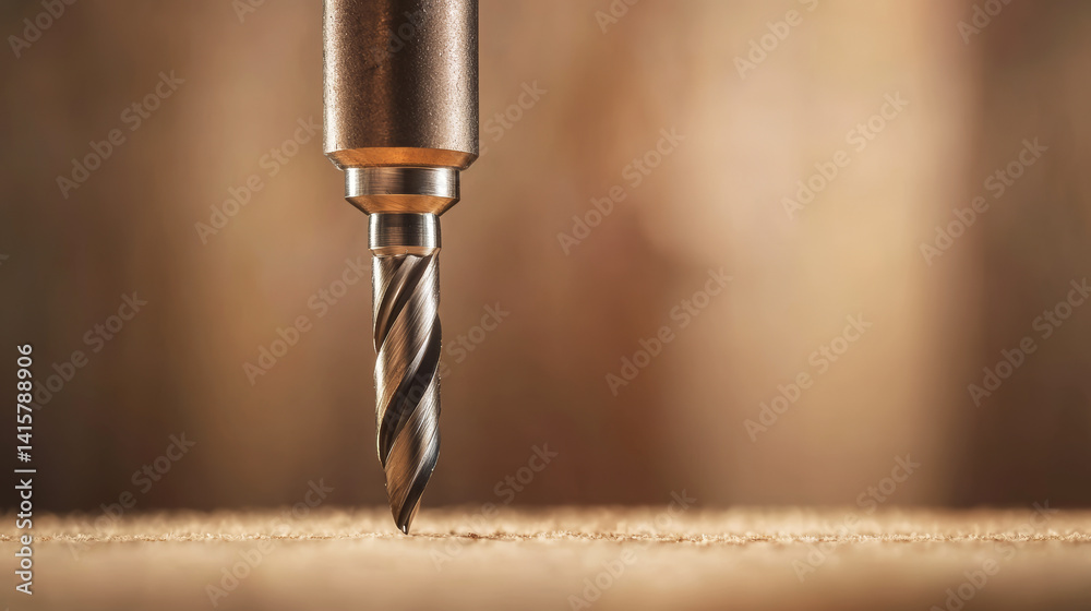 Close up drilling metal surface, sharp focused drill bit spinning against neutral background, metalworking precision detail Close up drilling metal surface, sharp focused drill bit spinning against neutral background, metalworking precision detail