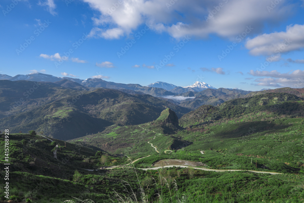 Naklejka premium mountain, mountains, algeria, africa, landscape, nature, sky, panorama, outdoor, peak, hill, background, scenery, view, travel, rock, forest, valley, beautiful, hiking, adventure, scenic, tourism.