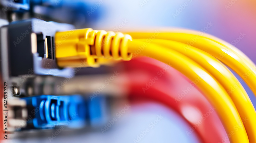Close up of yellow ethernet cable plugging into terminal block, with red and yellow cables blurred in background, representing modern network infrastructure Close up of yellow ethernet cable plugging into terminal block, with red and yellow cables blurred in background, representing modern network infrastructure
