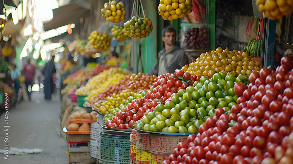 Obraz premium Colorful Fruits And Vegetables Display At Street Market