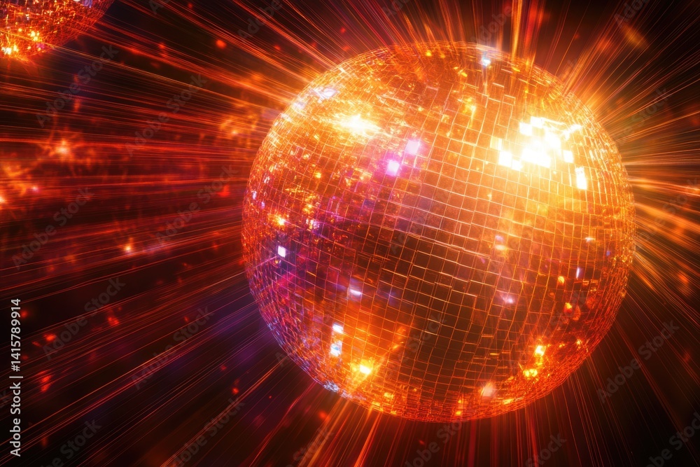Fototapeta premium A vibrant, glowing disco ball emits radiant light beams, creating a dazzling party atmosphere.