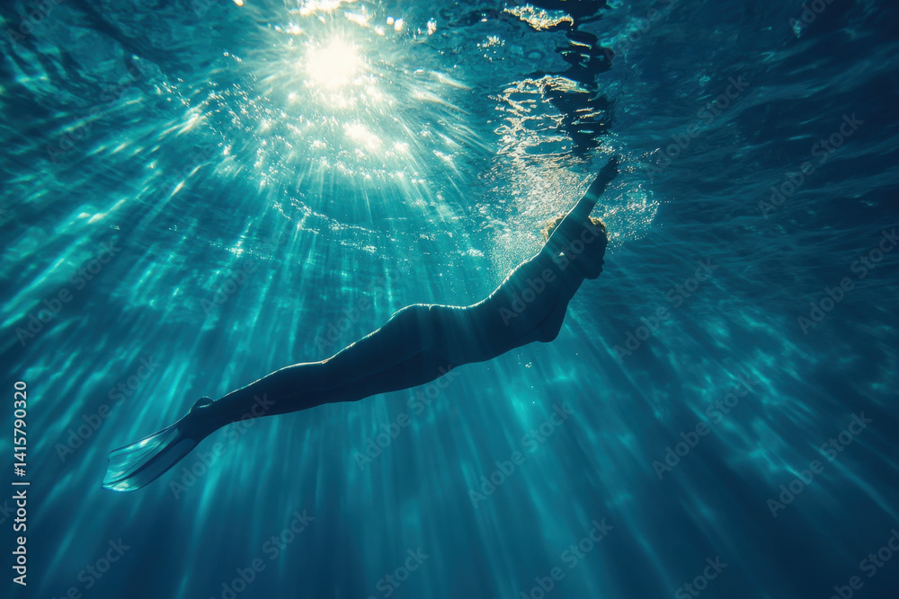 Fototapeta premium Woman swimming in ocean under vibrant sunset sky, waves gently breaking around her, creating a serene and peaceful scene.