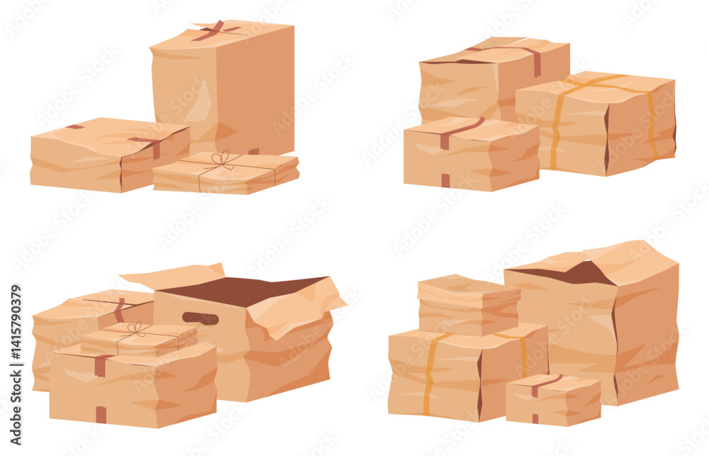 Damaged cardboard boxes. Torn and bent transport packaging. Damaged parcels and cargo. Vector illustration