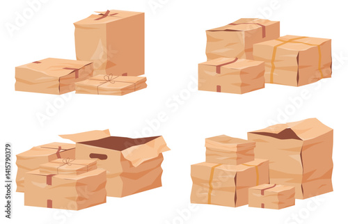Obraz na płótnie Damaged cardboard boxes. Torn and bent transport packaging. Damaged parcels and cargo. Vector illustration w salonie