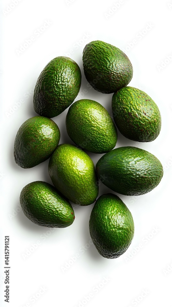 A fresh arrangement of green avocados on a white background, showcasing their smooth and textured skin, perfect for healthy eating themes. A fresh arrangement of green avocados on a white background, showcasing their smooth and textured skin, perfect for healthy eating themes.