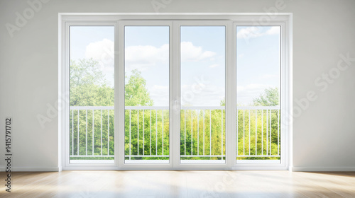 Bright minimalist room featuring expansive window, revealing lush tree lined landscape, ideal for staging sleek furniture or product displays