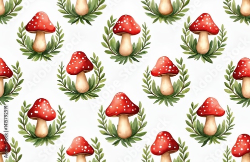 Watercolor seamless pattern with mushrooms on white background. Hand drawn illustration with red fly agaric mushrooms with white spots, green leaves, natural autumn harvest.