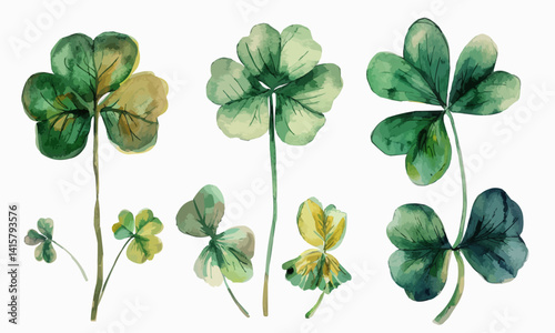 Hand drawn watercolor shamrock four leaf clover collection