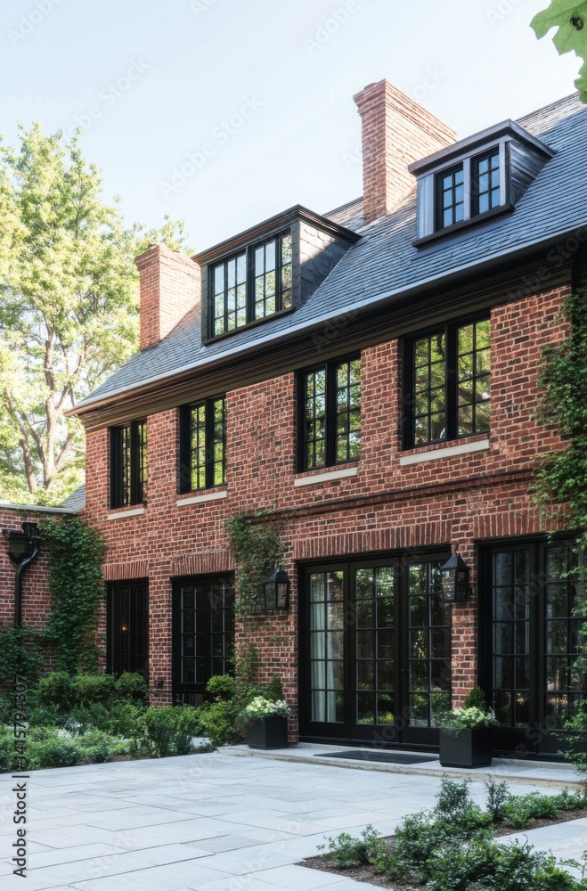 Elegant brick house with black windows and well-maintained garden nestled among greenery during a sunny day in a residential area Elegant brick house with black windows and well-maintained garden nestled among greenery during a sunny day in a residential area