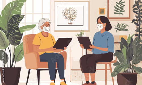 Health visitor and a senior woman during home visit.