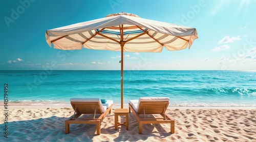 Fototapeta Naklejka Na Ścianę i Meble -  Luxury beach setup with white and blue umbrella, golden light