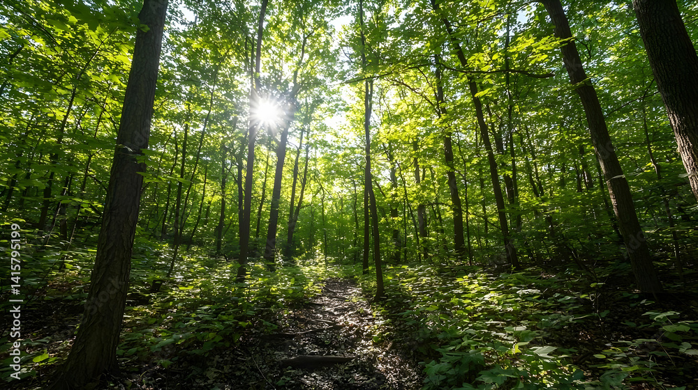 Fototapeta premium Sunlit Forest Path With Lush Green Trees