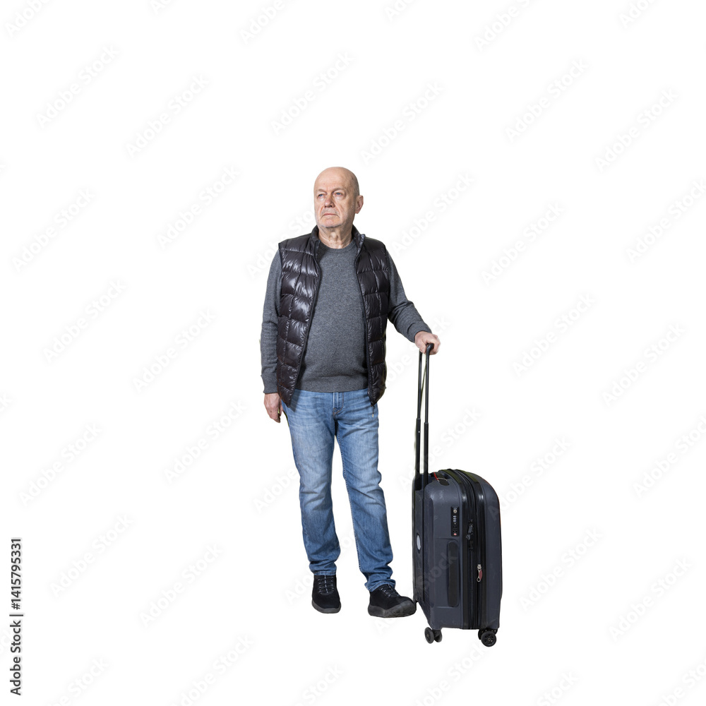 a man with a travel trolley waiting.